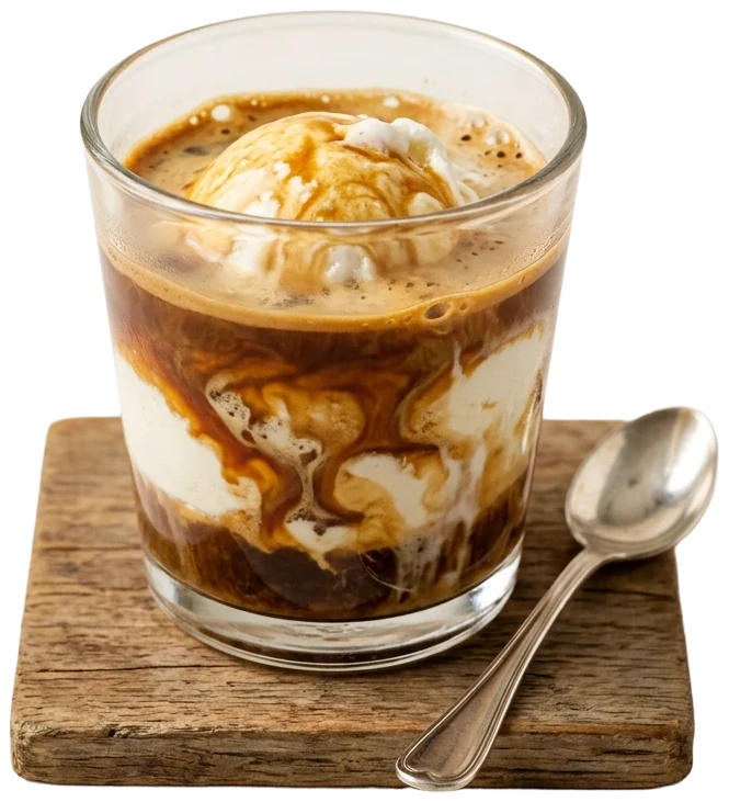 Affogato in a short glass on a wooden board, espresso swirling through vanilla ice cream