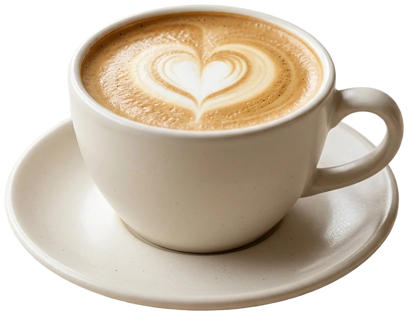 Breve with heart latte art in a warm-white cup and saucer