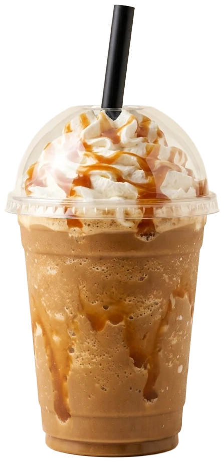 Blended coffee frappé in a clear domed cup with whipped cream and caramel drizzle