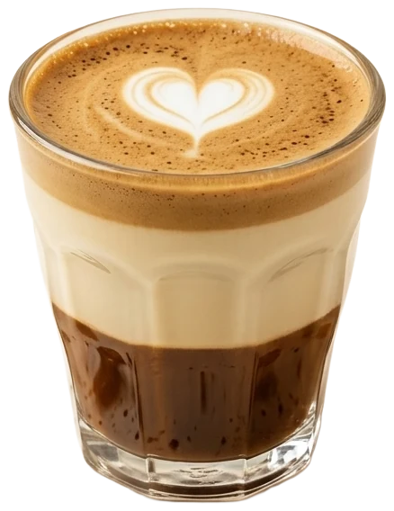 Cortado in a small glass, espresso under a layer of steamed milk with a heart on top