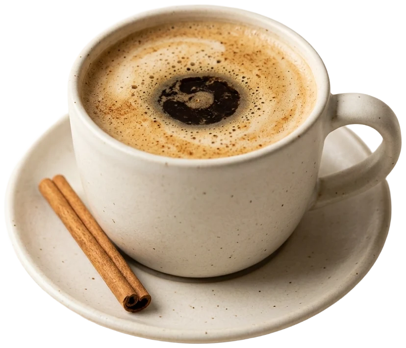 Dirty chai with a dark ring of espresso in the foam, in a warm-white cup and saucer with a cinnamon stick