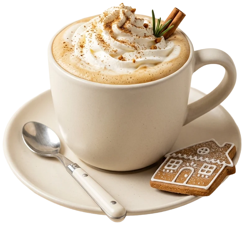 Gingerbread latte with whipped cream and a gingerbread house biscuit in a warm-white cup and saucer