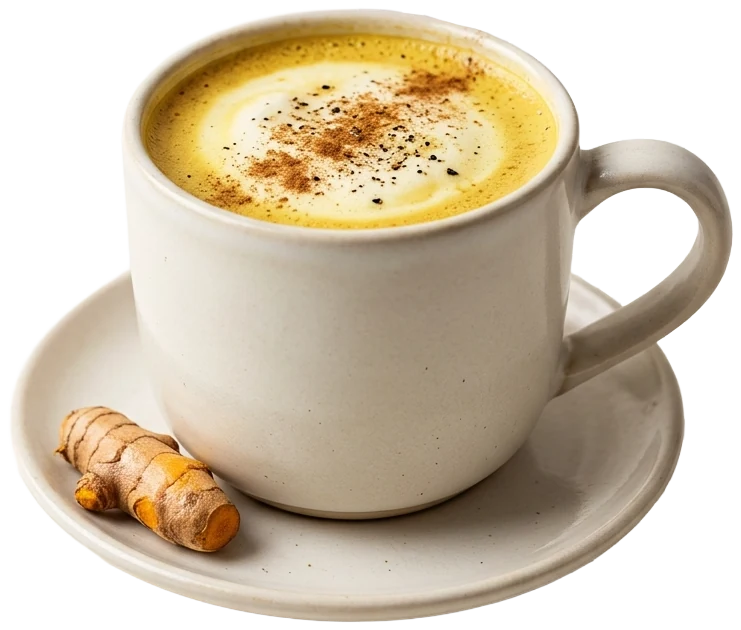 Golden turmeric latte dusted with spice in a warm-white cup, fresh turmeric root on the saucer