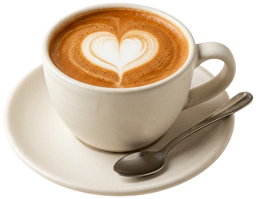 Hojicha latte with heart latte art in a warm-white cup and saucer
