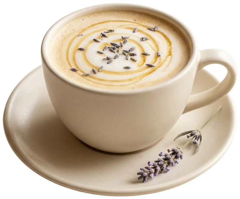 Honey lavender latte with a honey swirl and lavender buds in a warm-white cup and saucer