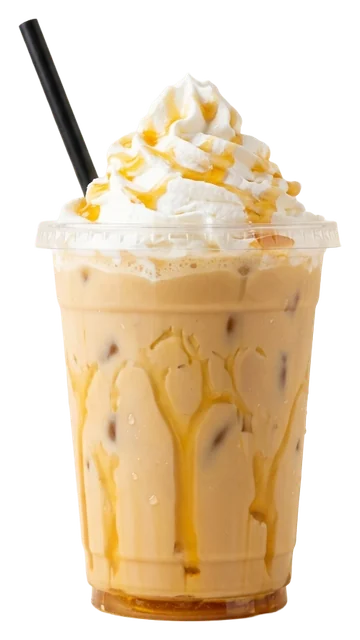 Iced honey oat latte topped with whipped cream and honey
