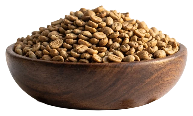 A wooden bowl piled with light-roast Huila coffee beans
