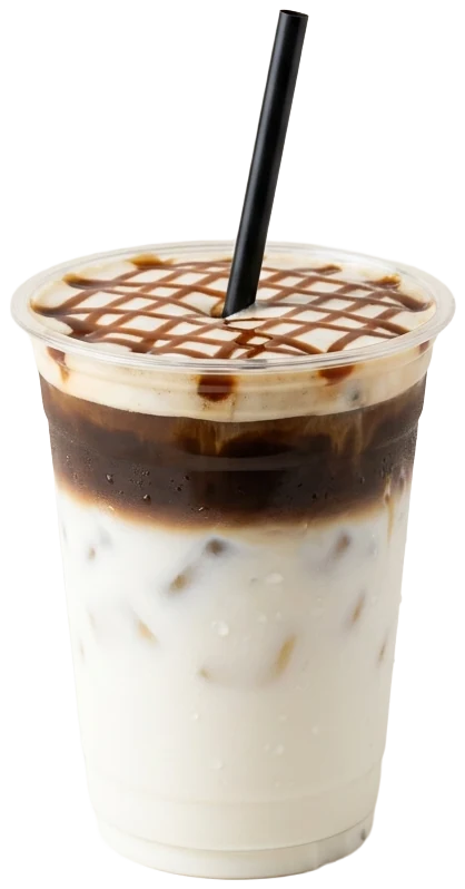 Iced caramel macchiato in a clear cup, espresso layered over milk under a caramel crosshatch