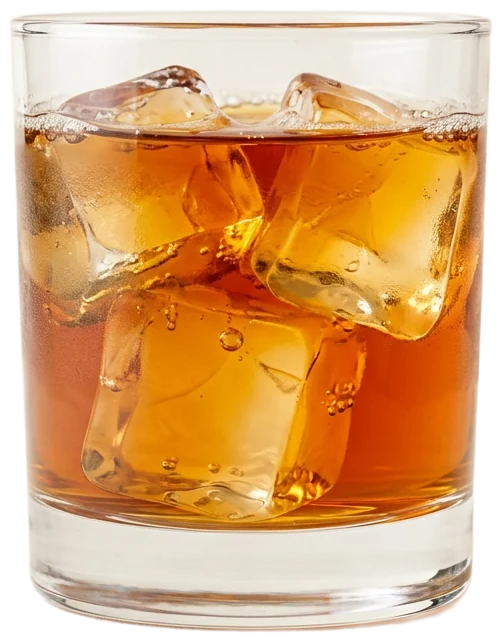 Japanese iced pour-over in a rocks glass, amber coffee over large ice cubes
