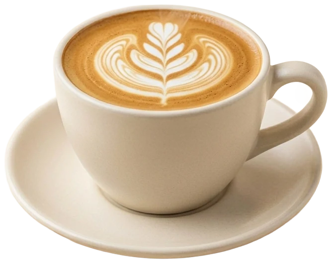 Latte with rosetta latte art in a warm-white cup and saucer