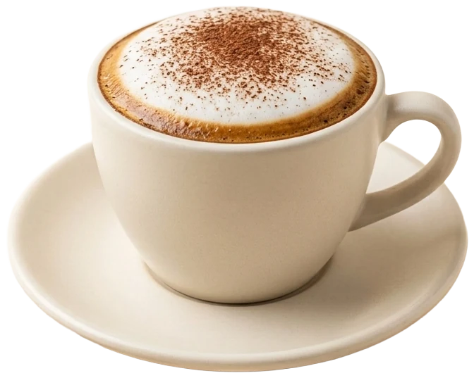 Oat cappuccino with thick foam and a dusting of cocoa in a warm-white cup