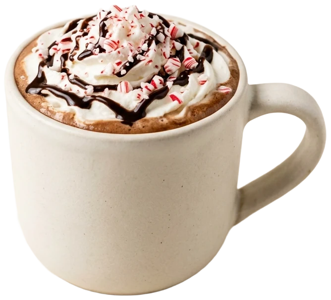 Peppermint mocha in a warm-white mug with whipped cream, chocolate drizzle and crushed candy cane