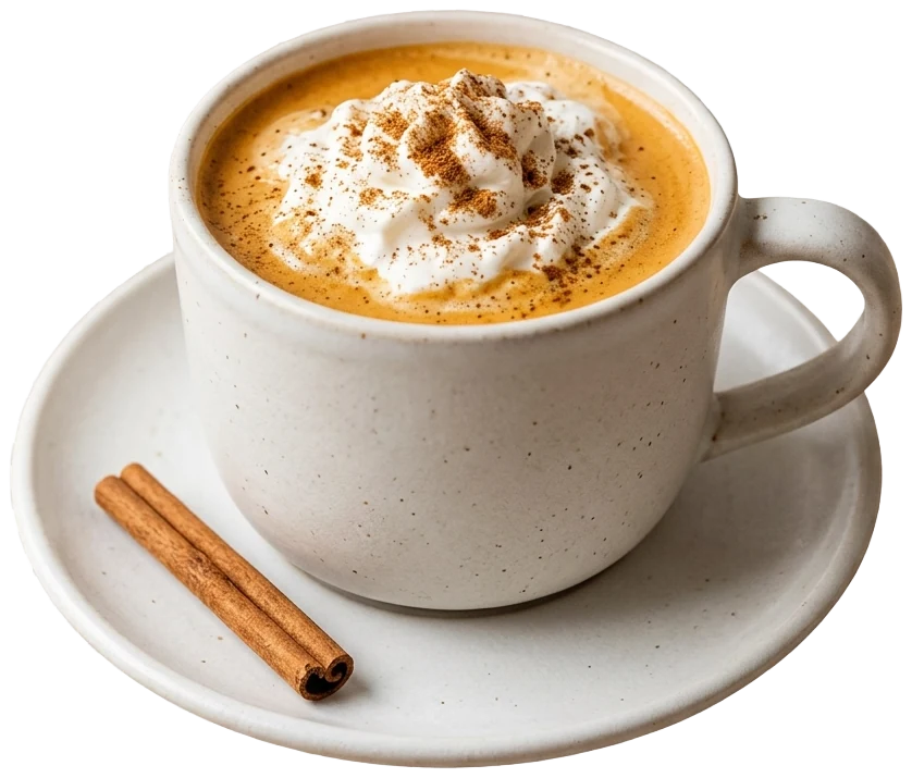 Pumpkin spice latte with whipped cream and spice in a warm-white cup and saucer