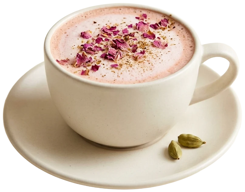 Pale pink rose cardamom latte topped with dried rose petals in a warm-white cup and saucer