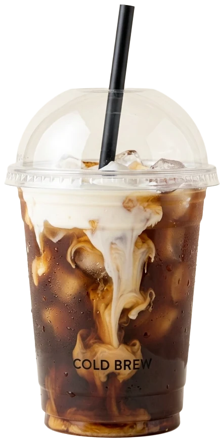 Vanilla sweet cream cold brew in a clear domed cup, cream swirling through the coffee